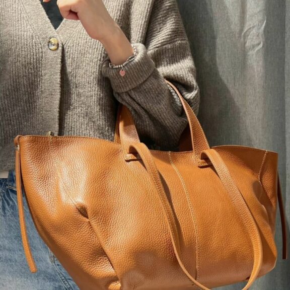 Sac cabas en cuir grainé Camel - Z&Z